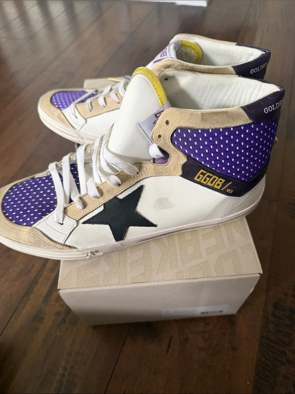 Golden Goose Kids High-Top Sneakers in White, Purple & Tan